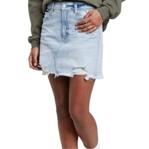 Stretch Denim Mini Skirt Size 12 Light Wash Frayed Jean Skirt Cabincore